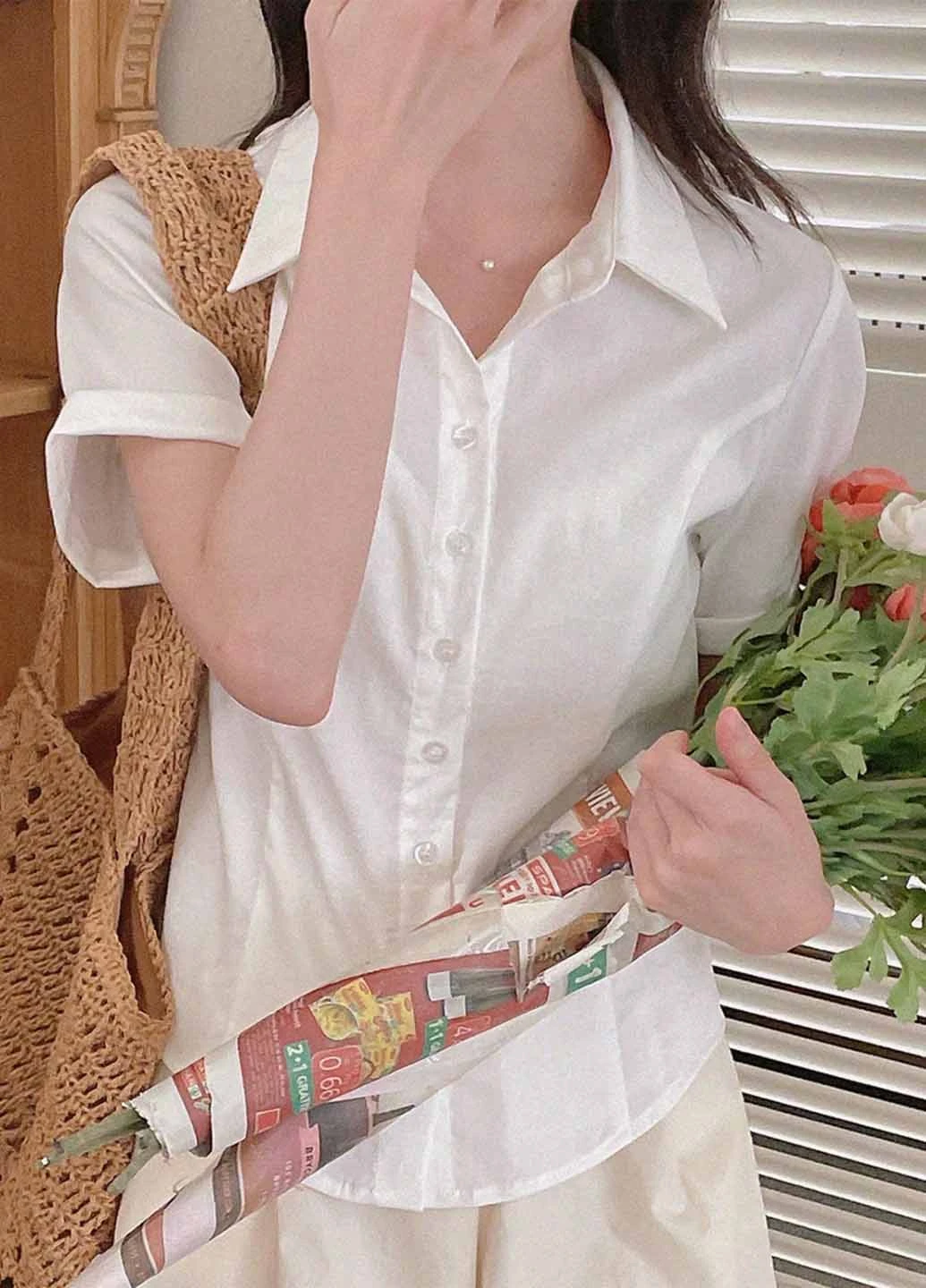 Белая классическая, кэжуал рубашка однотонная SHEIN
