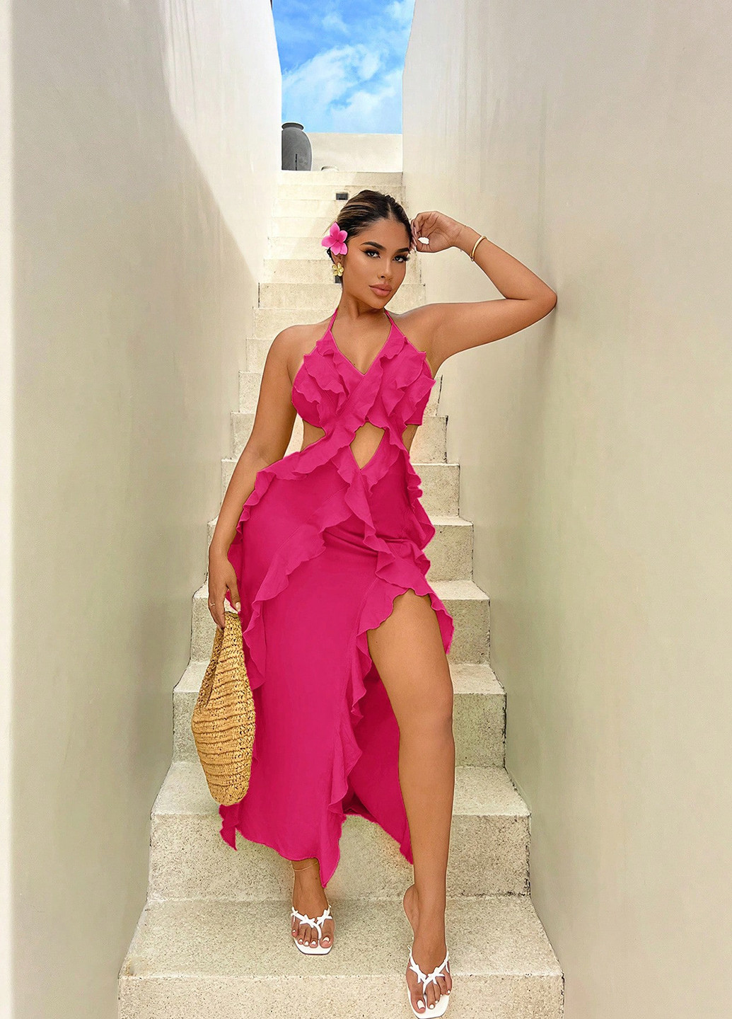 Фуксиновое (цвета Фуксия) вечернее платье с открытой спиной SHEIN однотонное