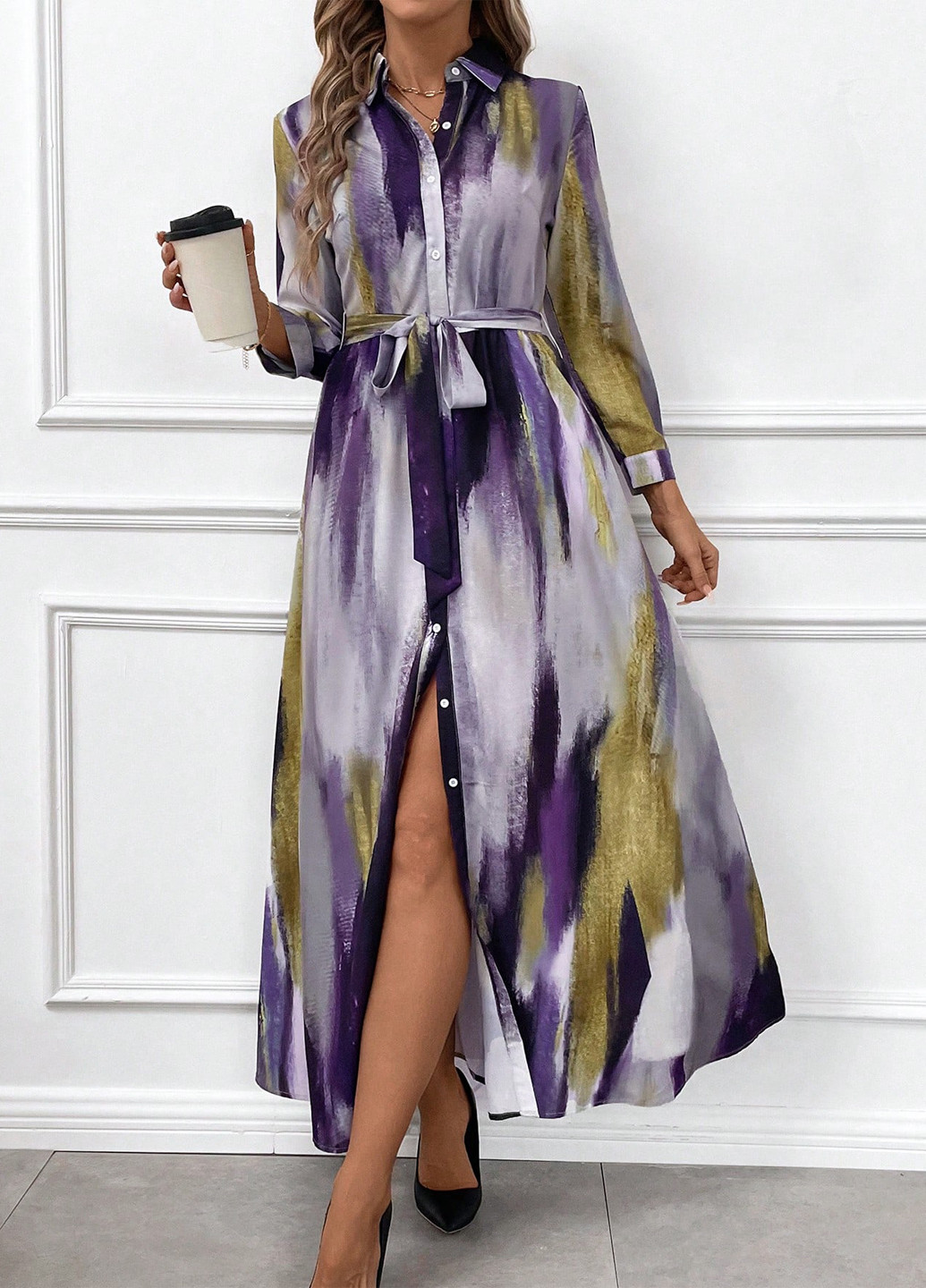 Фиолетовое кэжуал платье рубашка SHEIN с абстрактным узором