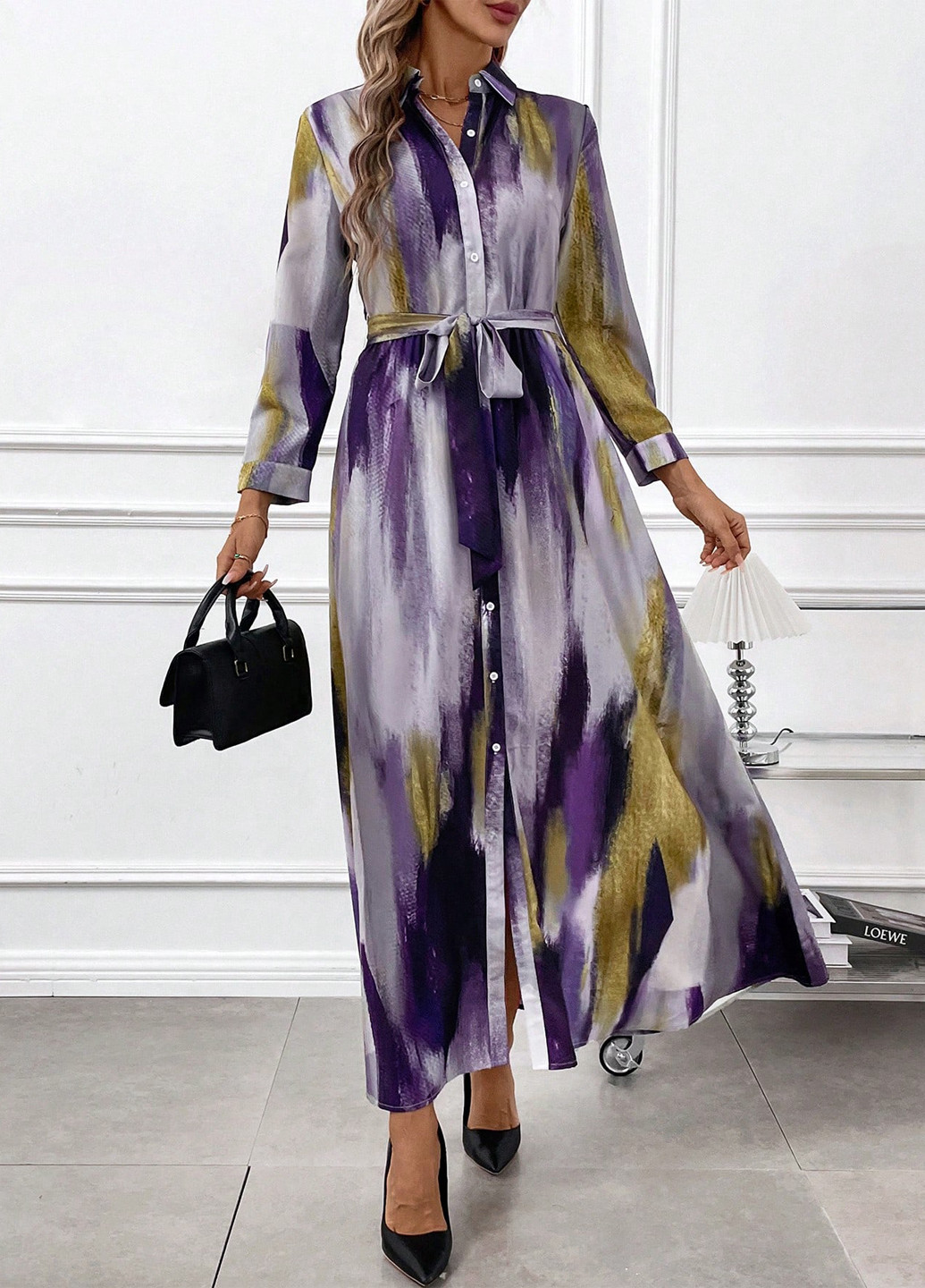 Фиолетовое кэжуал платье рубашка SHEIN с абстрактным узором
