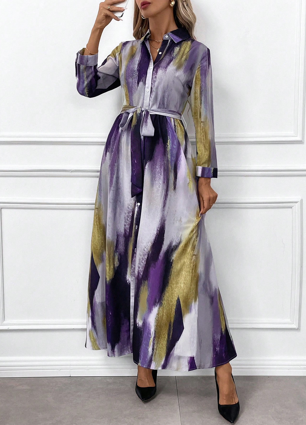 Фиолетовое кэжуал платье рубашка SHEIN с абстрактным узором