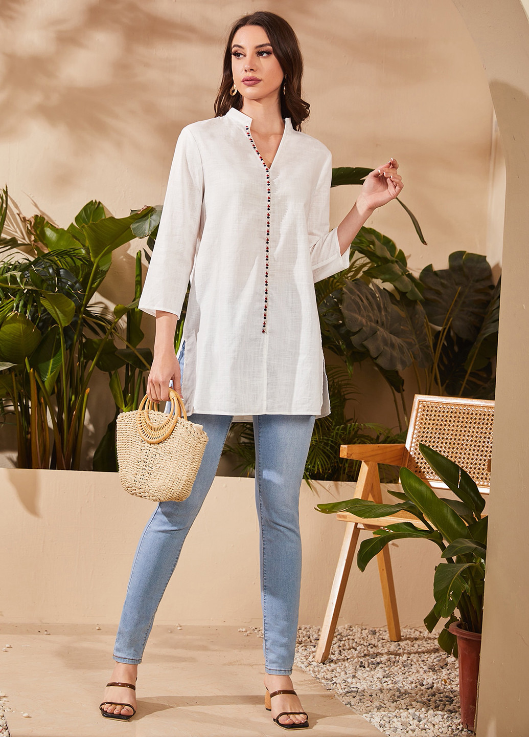 Белая кэжуал рубашка однотонная SHEIN
