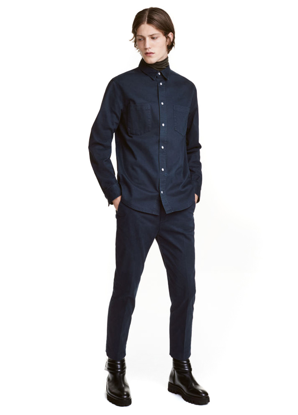 Темно-синяя кэжуал рубашка однотонная H&M Studio с длинным рукавом