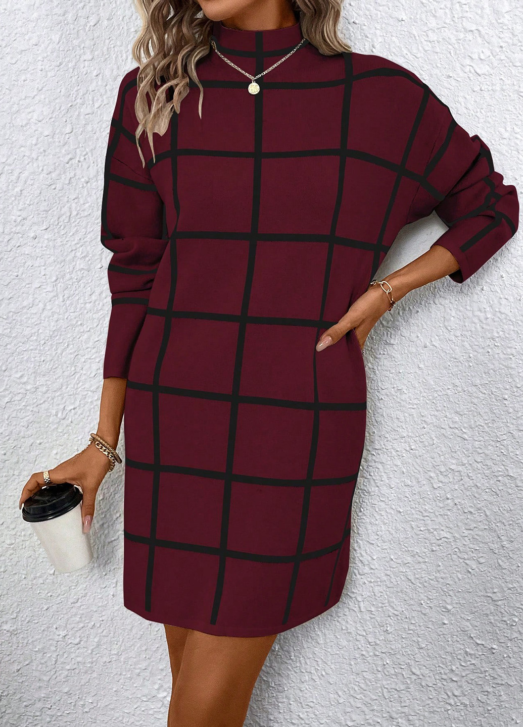 Бордовое кэжуал платье футляр SHEIN в клетку