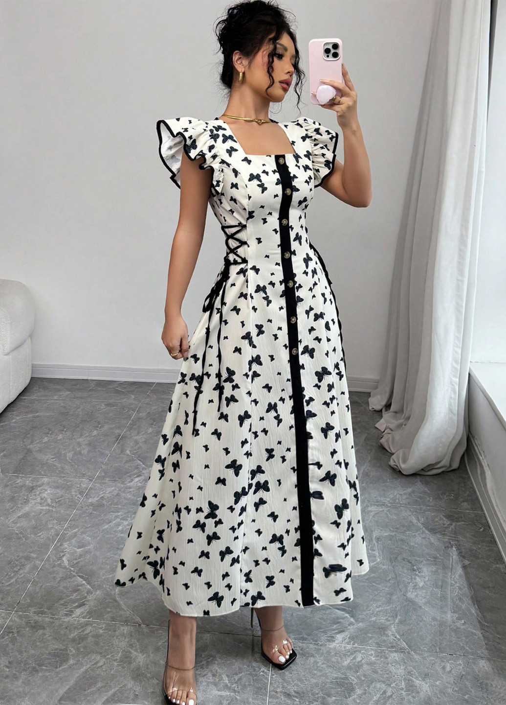 Чорно-білий вечірня сукня з спідницею-сонце, футляр SHEIN метелики