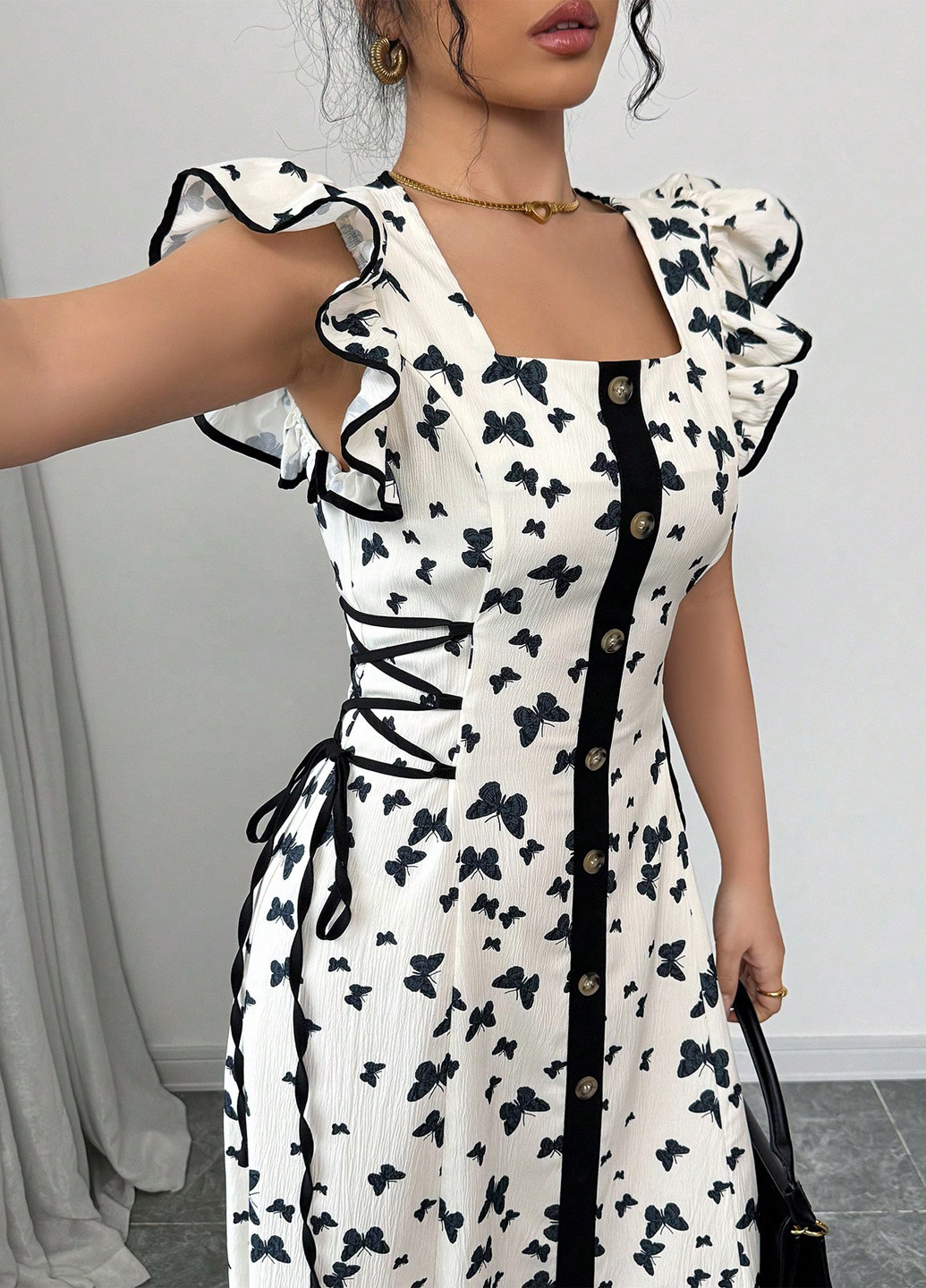 Чорно-білий вечірня сукня з спідницею-сонце, футляр SHEIN метелики