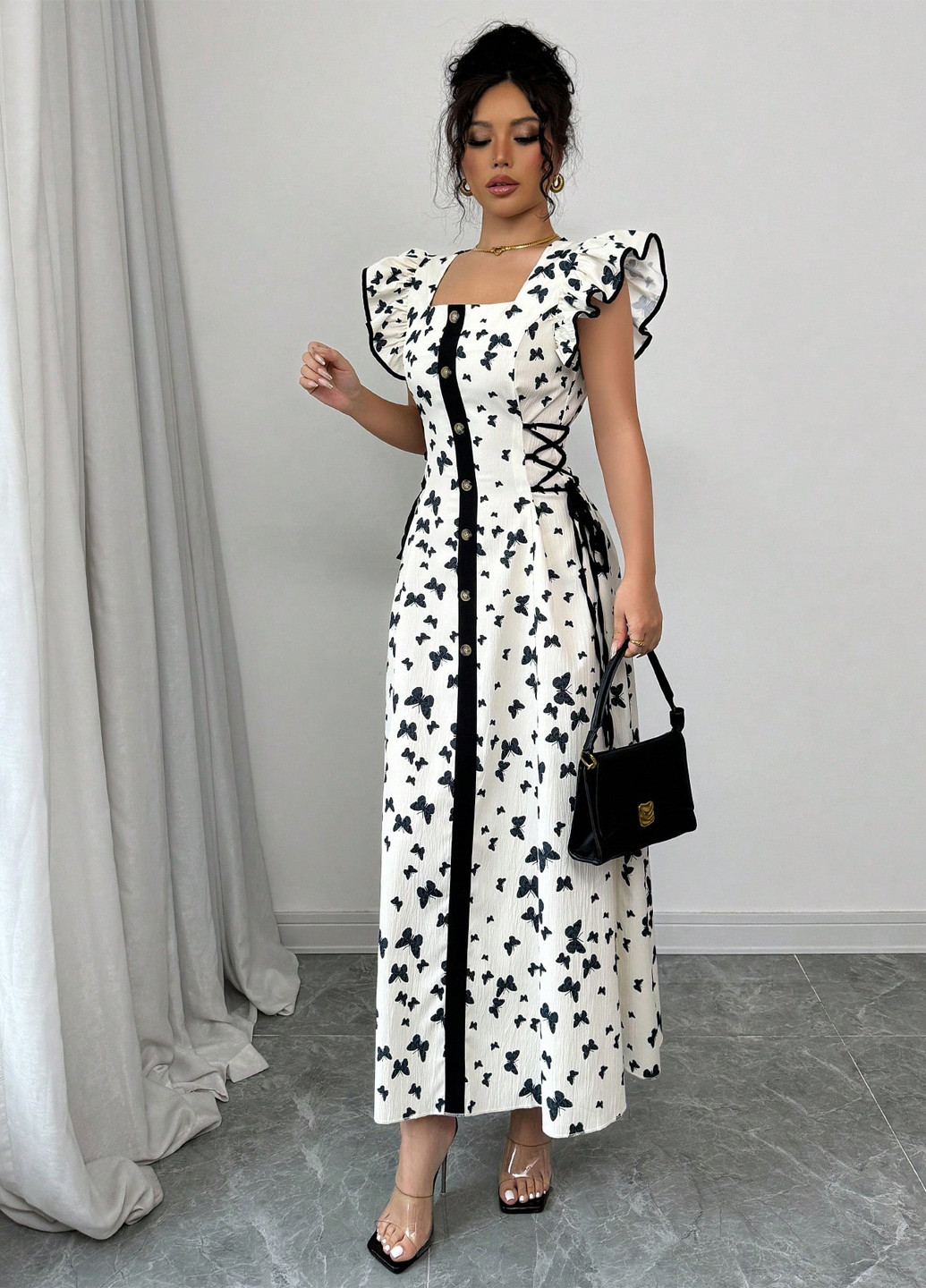 Чорно-білий вечірня сукня з спідницею-сонце, футляр SHEIN метелики