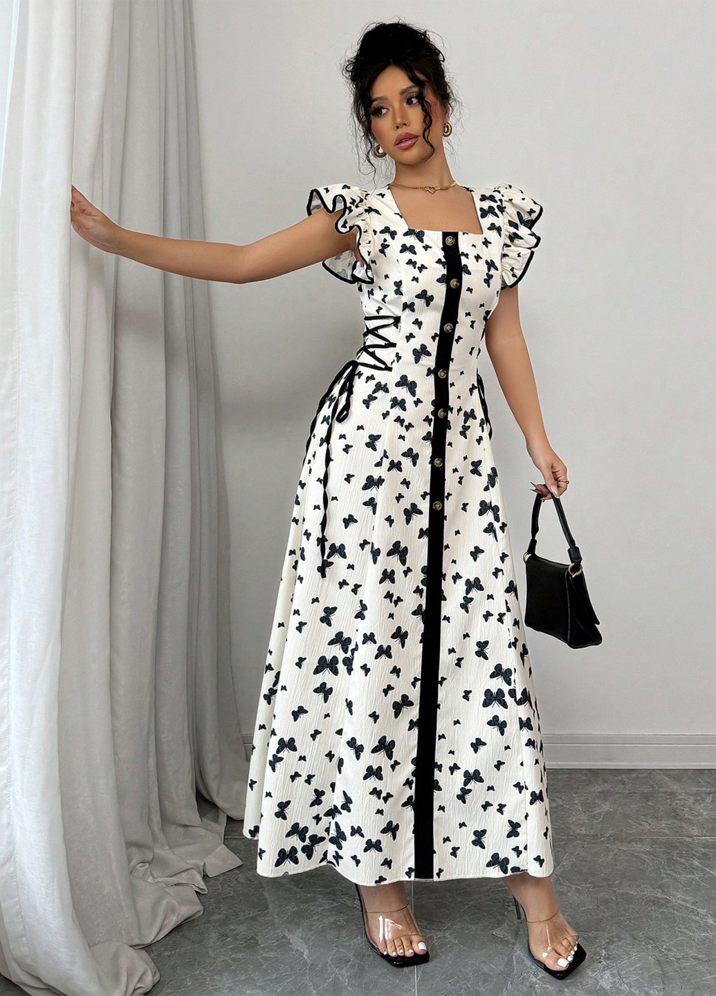 Чорно-білий вечірня сукня з спідницею-сонце, футляр SHEIN метелики