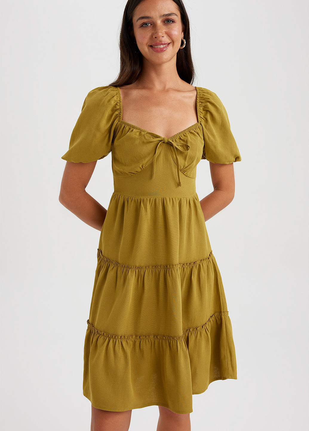 Оливковое (хаки) кэжуал платье DeFacto однотонное