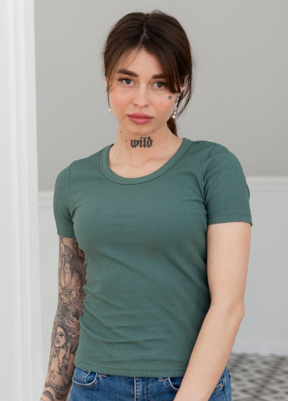 Зеленая летняя женская футболка рубчик Габби