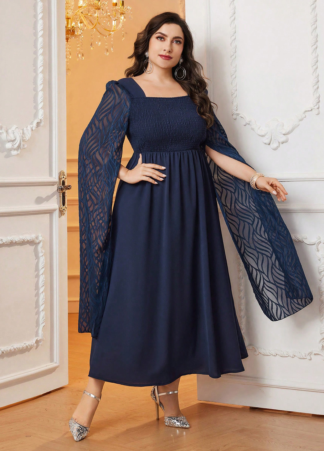 Темно-синя святковий, вечірня сукня сукня-кейп, а-силует SHEIN однотонна