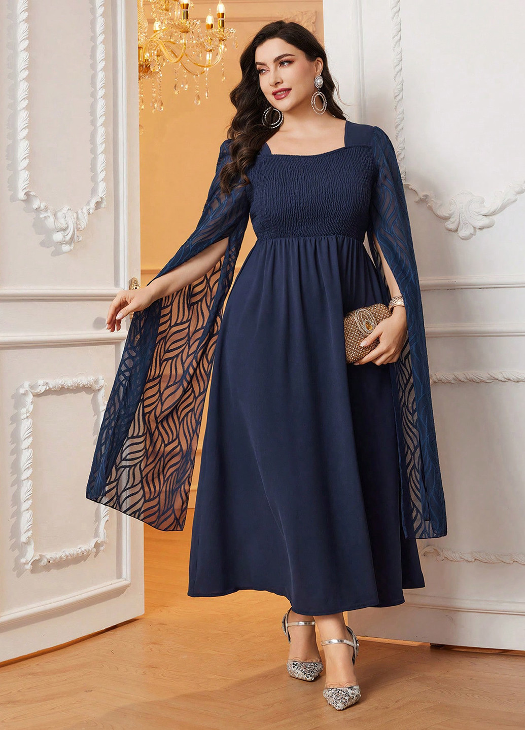 Темно-синя святковий, вечірня сукня сукня-кейп, а-силует SHEIN однотонна