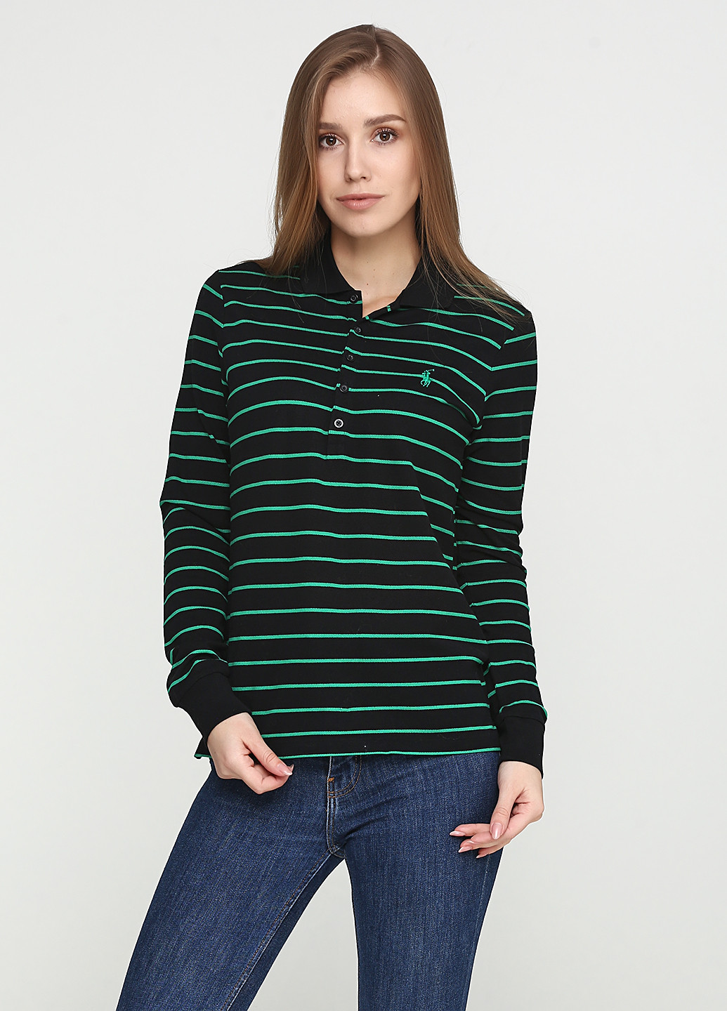 Зеленая женская футболка-поло Ralph Lauren в полоску