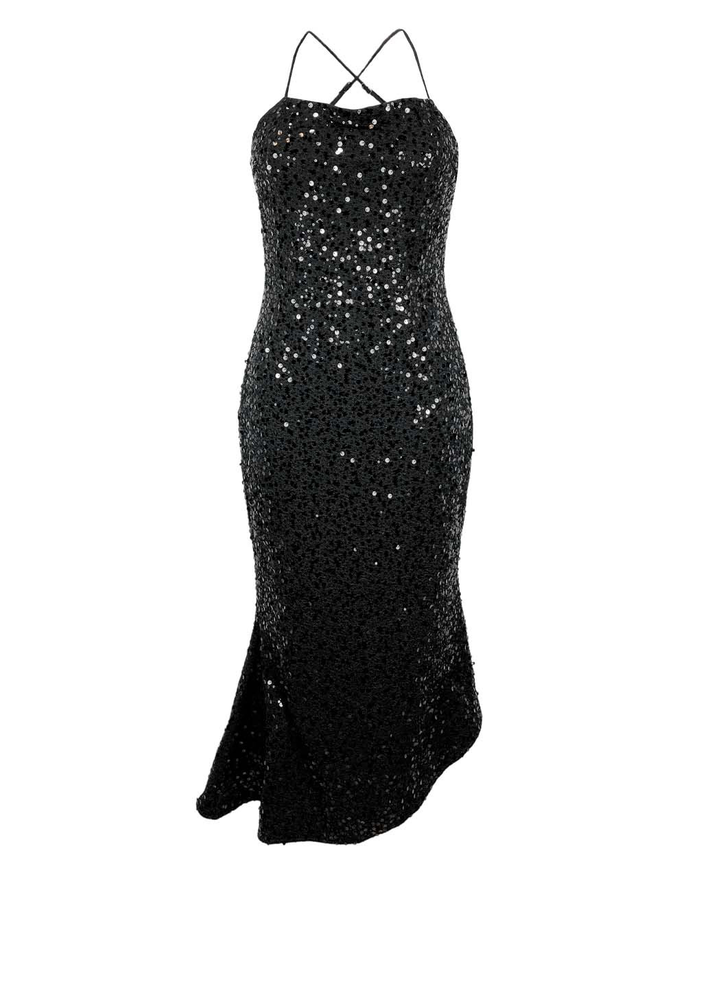 Черное вечернее черное платье в паетки с открытыми плечами годе, с открытой спиной, с открытыми плечами Elliatt однотонное