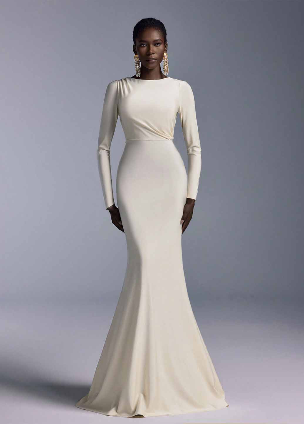 Кремовое праздничный, вечернее платье годе, с открытой спиной SHEIN однотонное