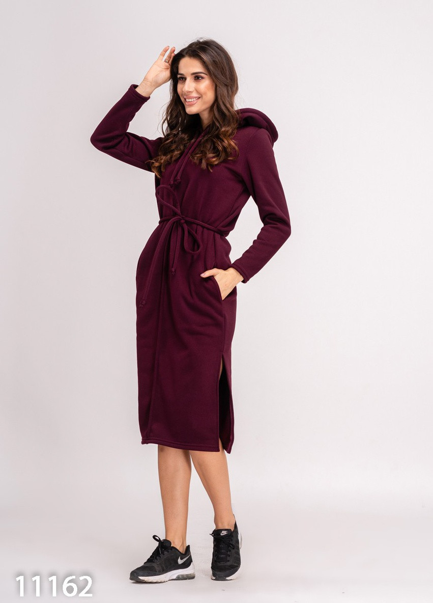 Бордовое повседневный платье женское платье-худи ISSA PLUS однотонное