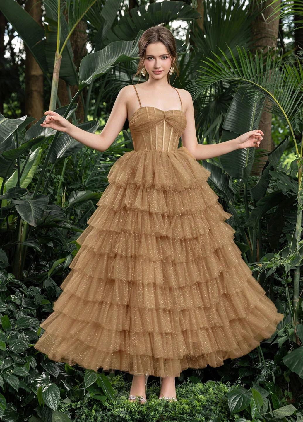 Коричневое праздничный, вечернее платье с пышной юбкой, с корсетом SHEIN однотонное