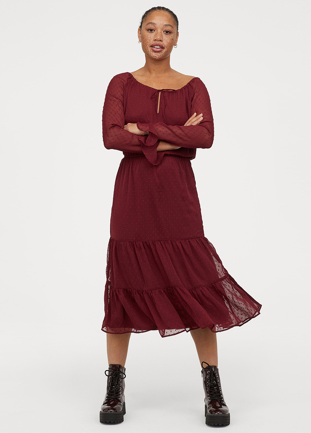 Бордовое кэжуал платье клеш H&M в горошек