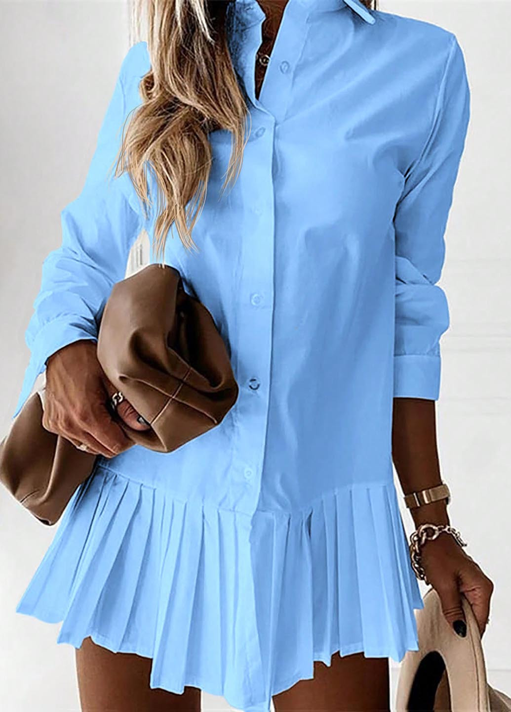 Голубое кэжуал платье рубашка, плиссированное SHEIN однотонное
