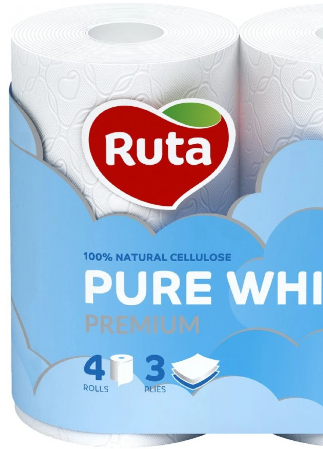 Туалетний папір Pure White 150 відривів 3 шари 4 рулони Біла Ruta (249162719)