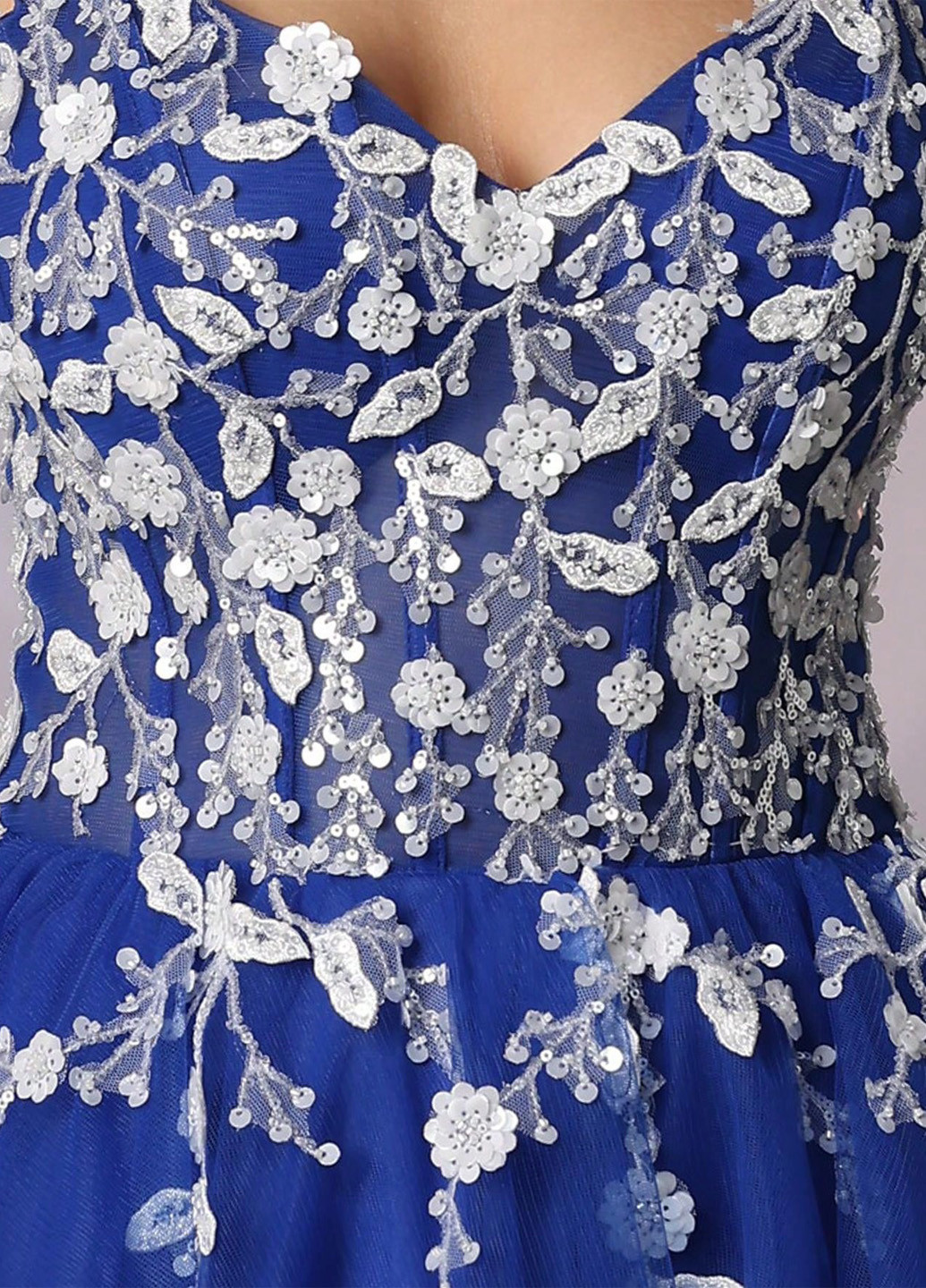 Синее вечернее платье с корсетом SHEIN с цветочным принтом