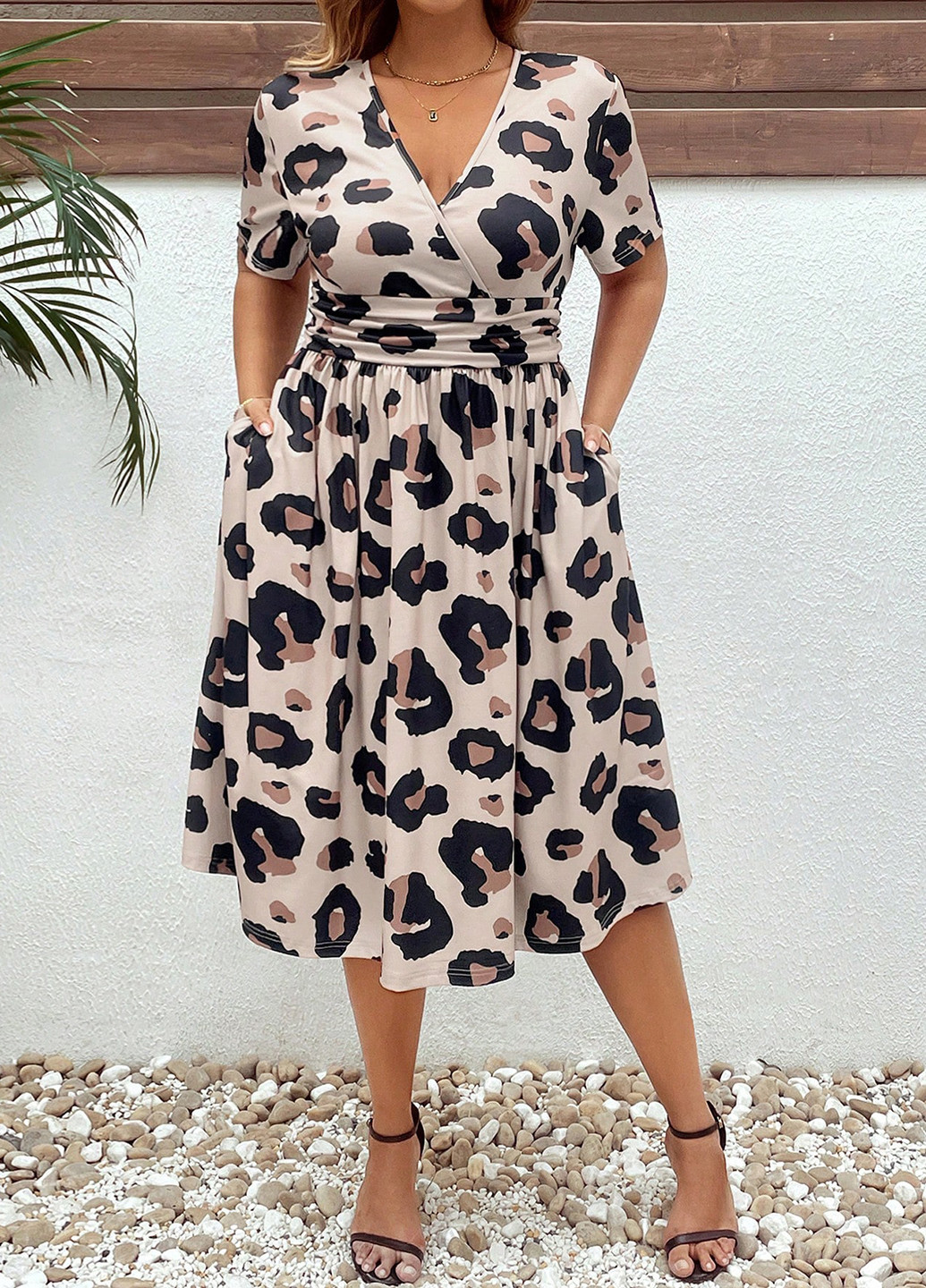 Комбинированное кэжуал платье клеш, а-силуэт SHEIN леопардовый
