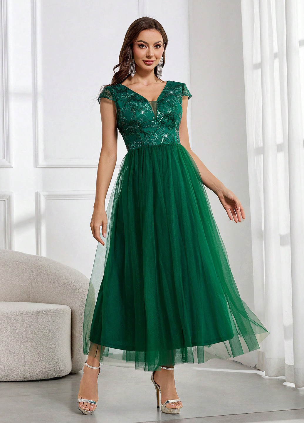 Смарагдова вечірня сукня з спідницею-сонце, в стилі армпір SHEIN однотонна