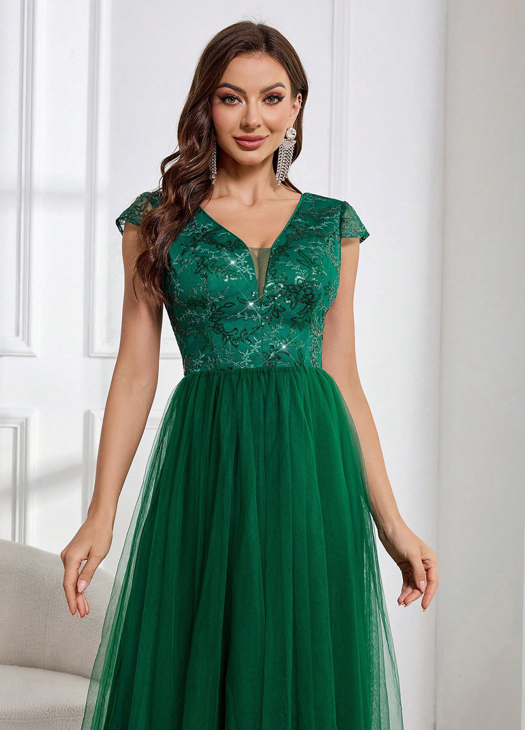 Смарагдова вечірня сукня з спідницею-сонце, в стилі армпір SHEIN однотонна