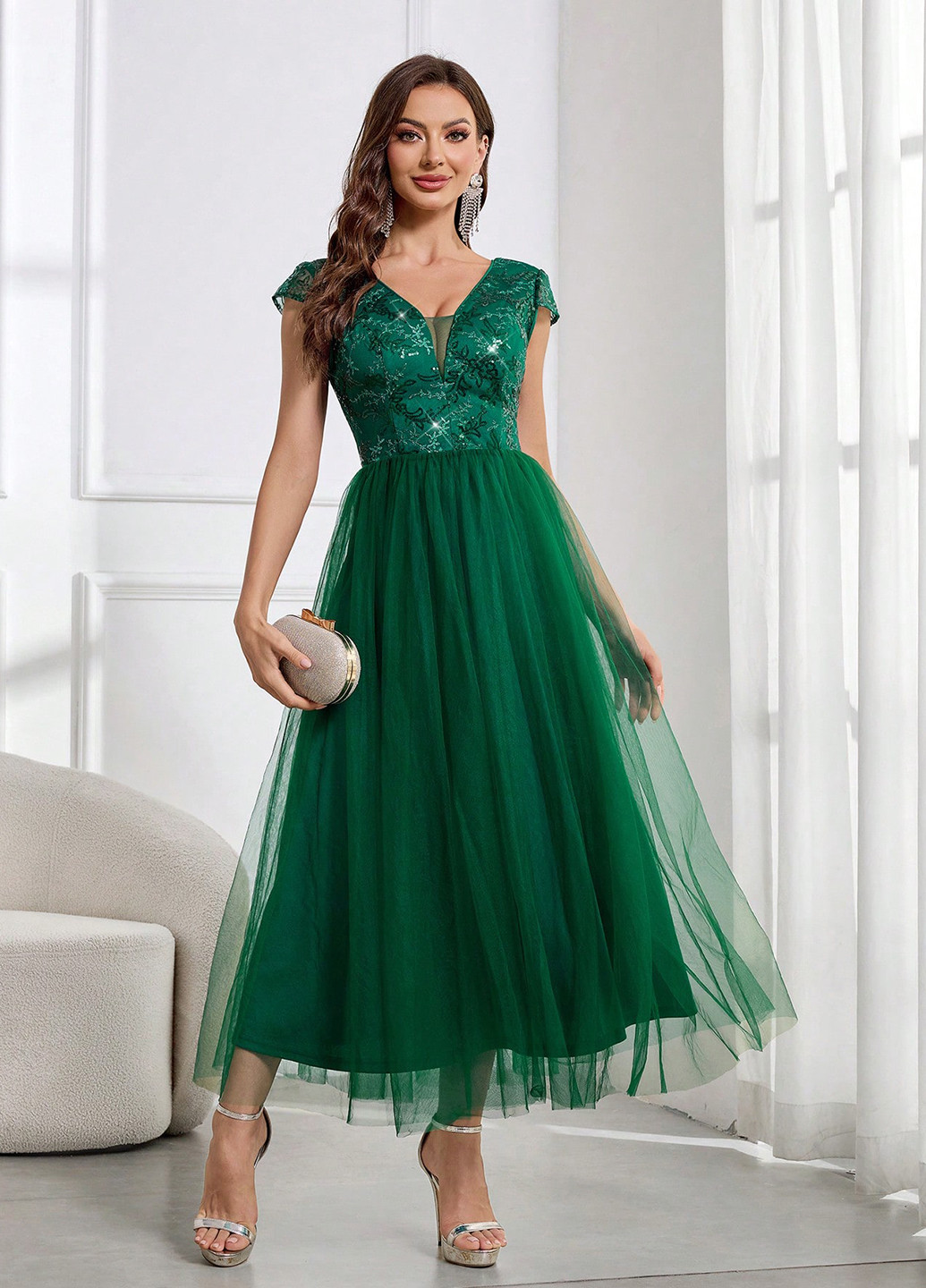 Смарагдова вечірня сукня з спідницею-сонце, в стилі армпір SHEIN однотонна