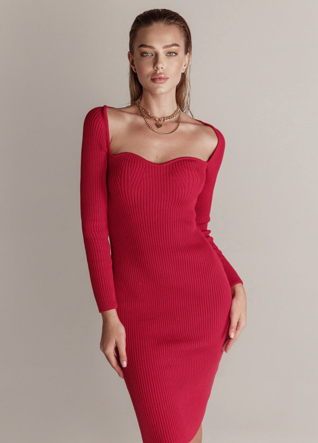 Красное коктейльное облегающее красное платье Gepur однотонное