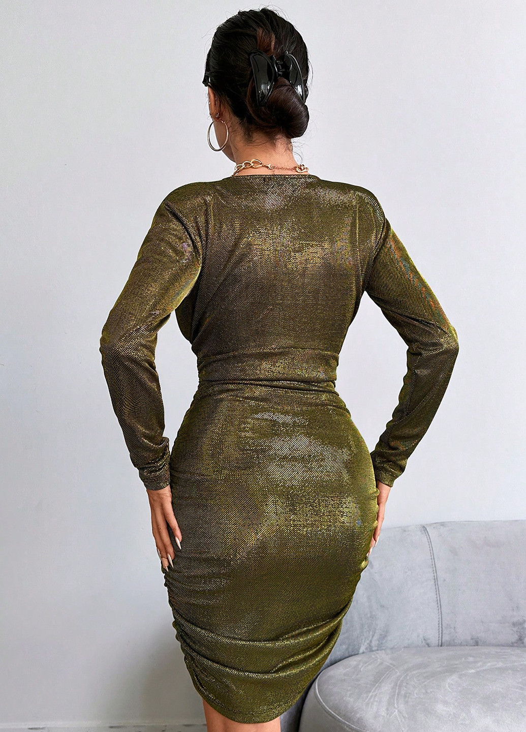 Золотистое кэжуал платье силуэтная, в стиле ампир SHEIN однотонное