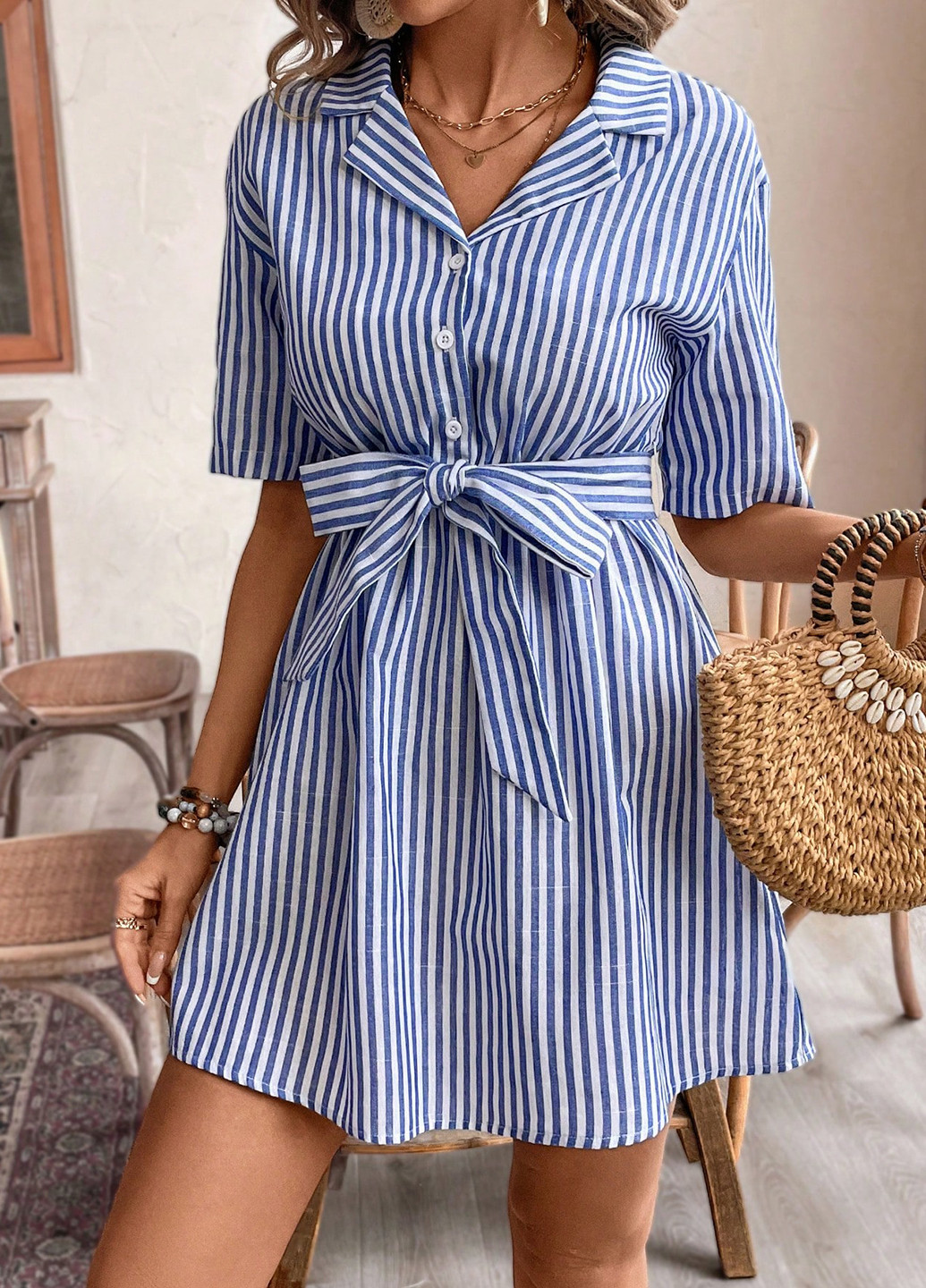 Синее праздничный, кэжуал платье клеш, а-силуэт, рубашка SHEIN в полоску