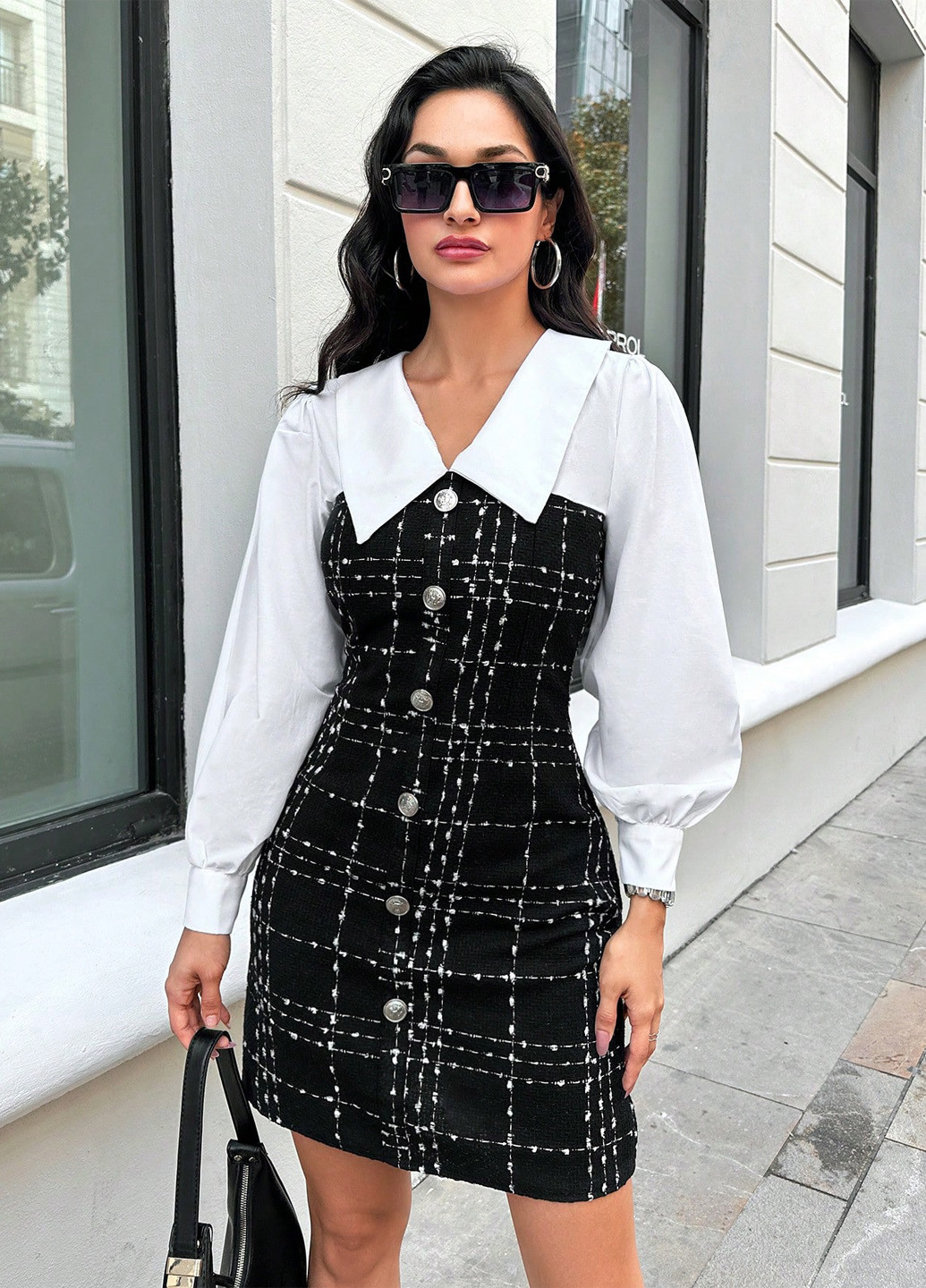Черно-белое кэжуал платье футляр SHEIN в клетку