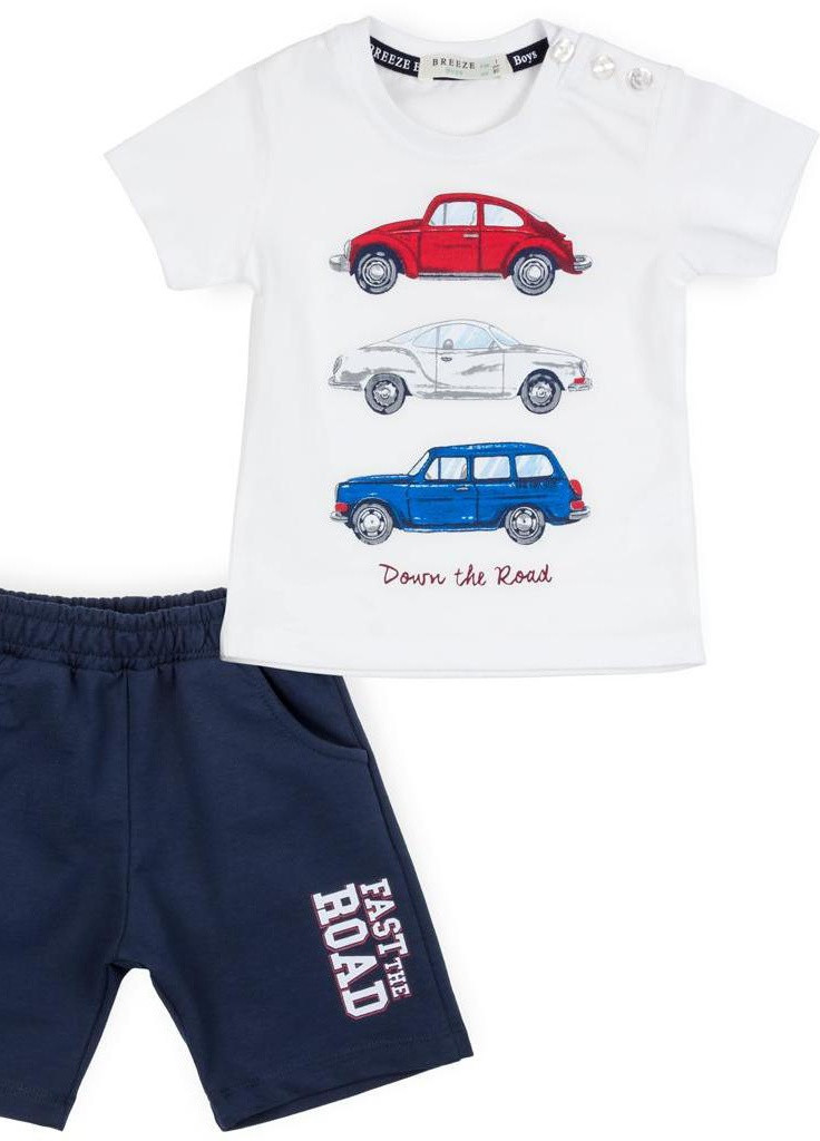 Белый летний костюм десткий с машинками (12365-80b-blue) Breeze