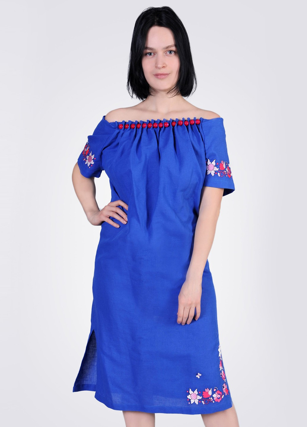Платье вышиванка летнее с бусинами Egostyle однотонная синяя лен