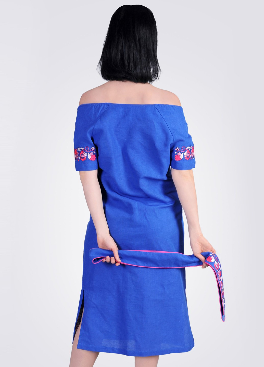 Платье вышиванка летнее с бусинами Egostyle однотонная синяя лен
