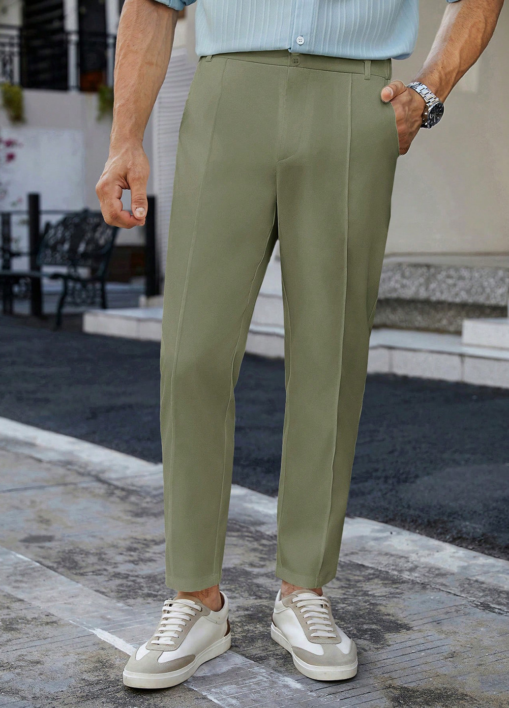 Зеленые классические, кэжуал демисезонные укороченные, прямые брюки SHEIN