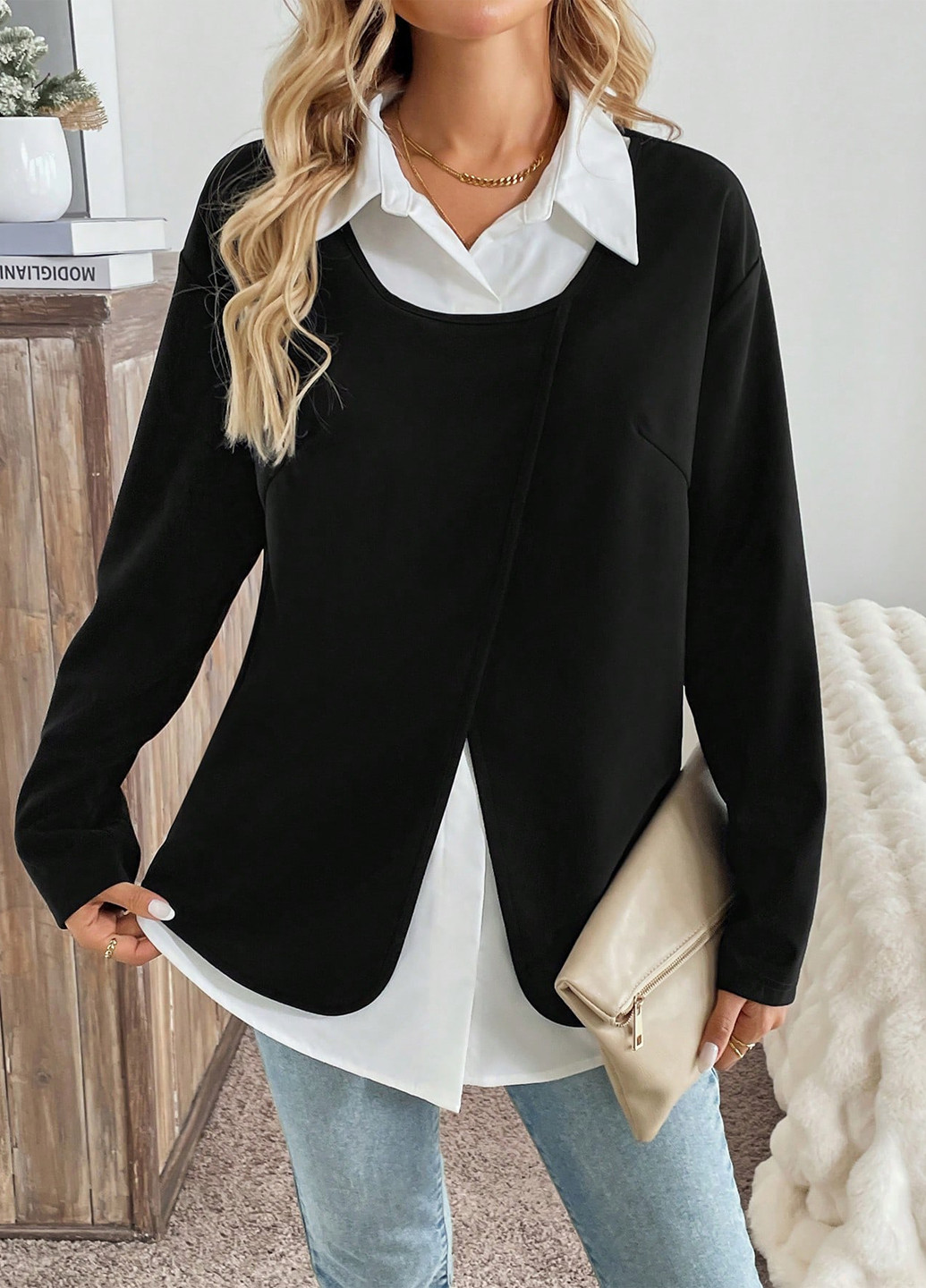 Комбинированная блуза на запах SHEIN