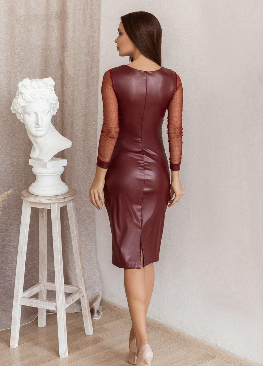 Темно-бордовое женское платье миди с эко кожи бордового цвета 374528 New Trend