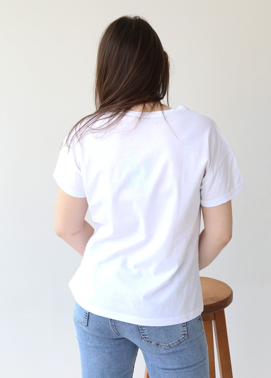 Біла всесезон жіноча футболка біла тонка з принтом широка з коротким рукавом MDG Свободная