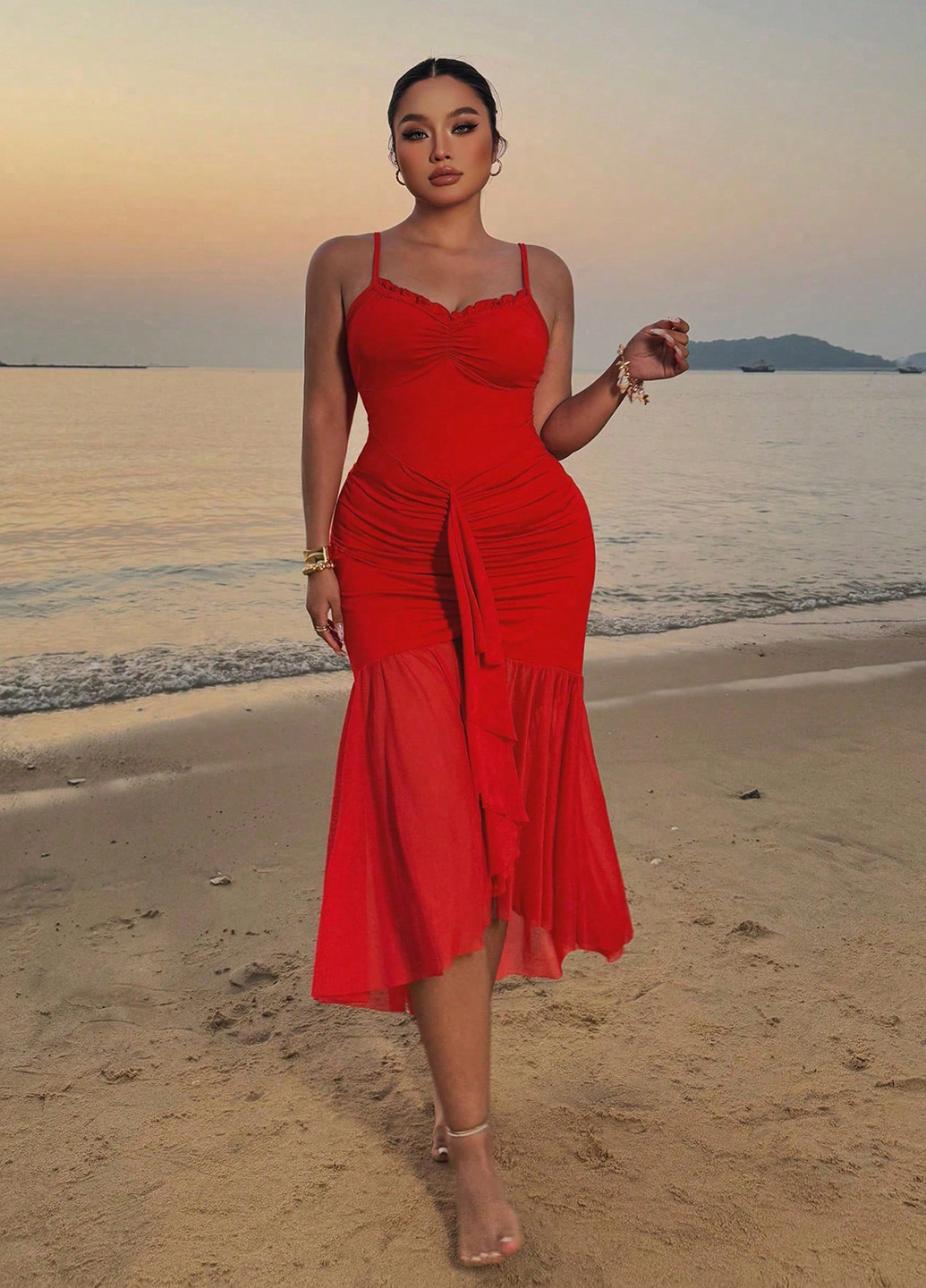 Красное кэжуал платье силуэтная, годе SHEIN однотонное