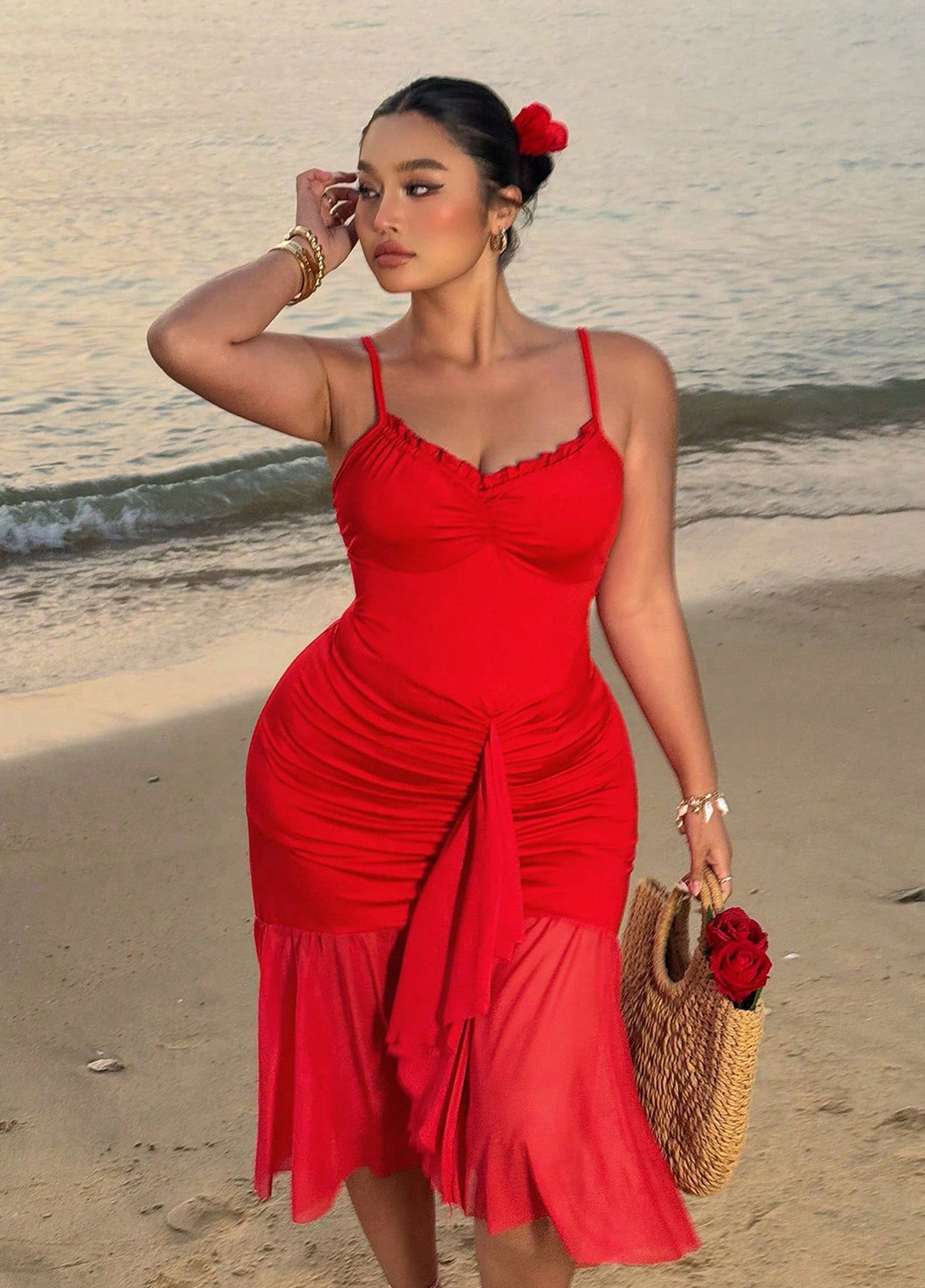 Красное кэжуал платье силуэтная, годе SHEIN однотонное