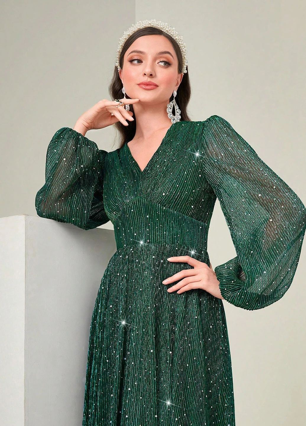 Темно-зелена кежуал, вечірня сукня плісована SHEIN однотонна