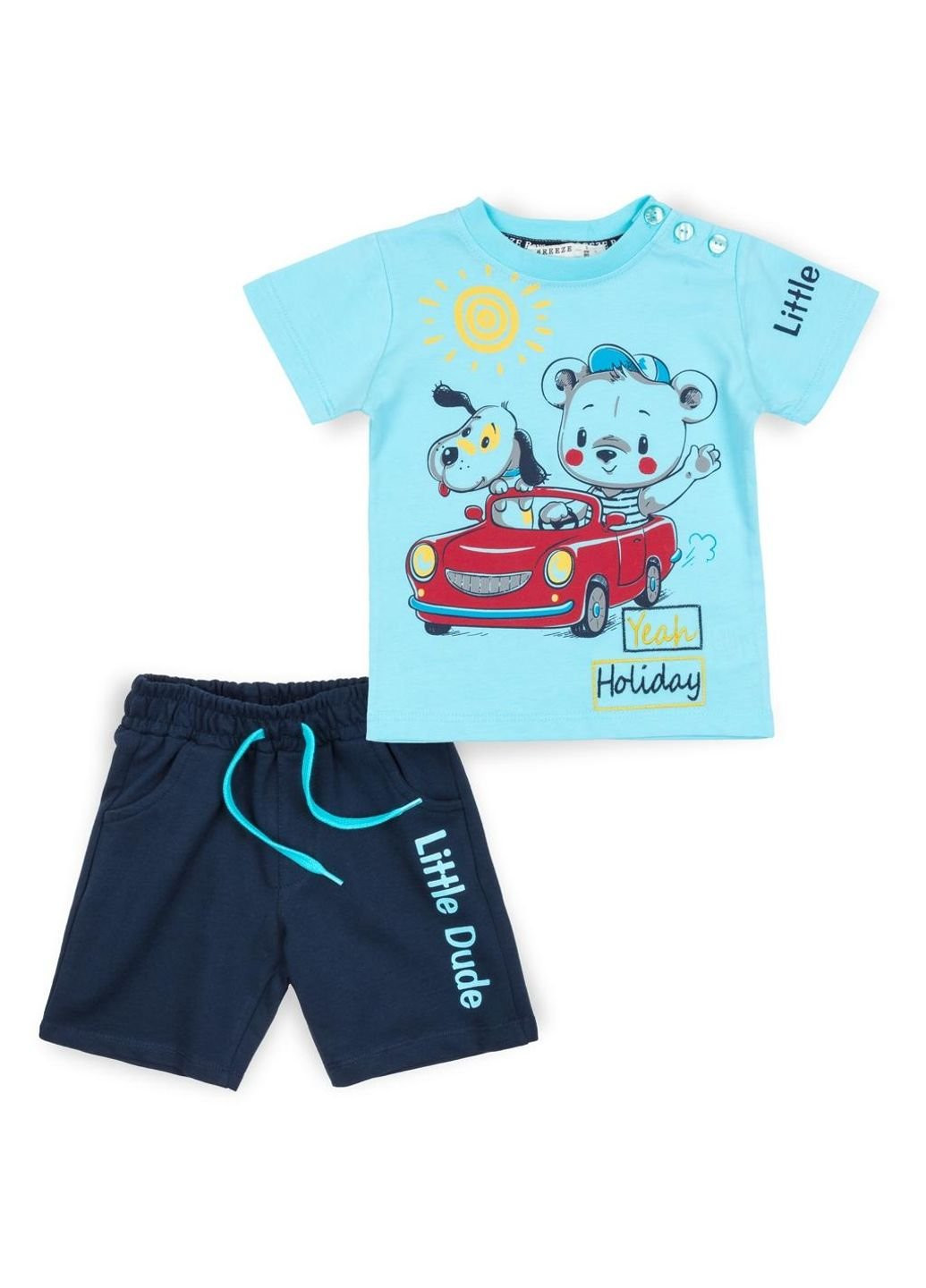 Голубой летний набор детской одежды с мишкой в машинке (12144-104b-blue) Breeze