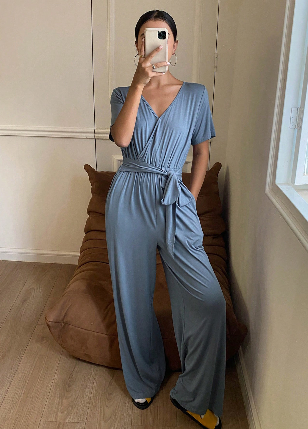 Комбинезон SHEIN комбинезон-брюки однотонный серо-голубой домашний трикотаж, вискоза
