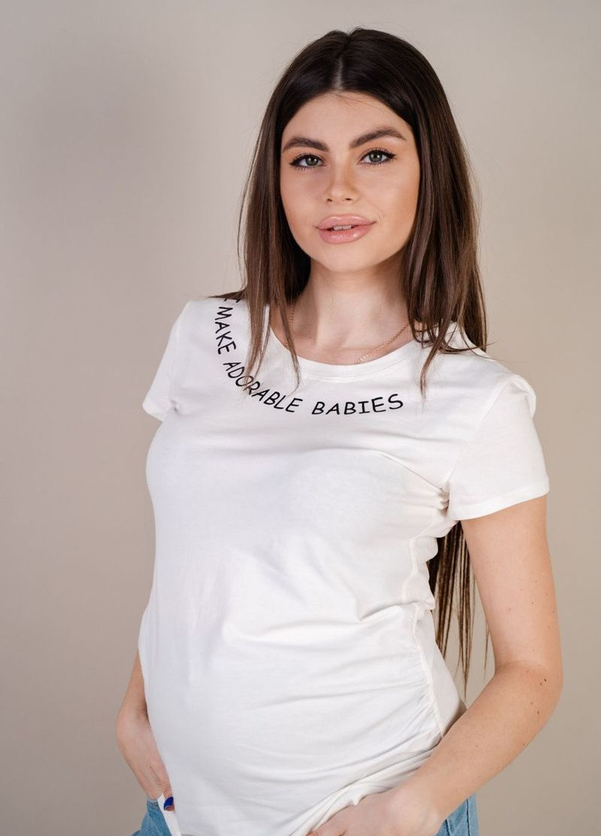 Белая всесезон футболка для беременных, будущих мам бежевая с принтом To Be