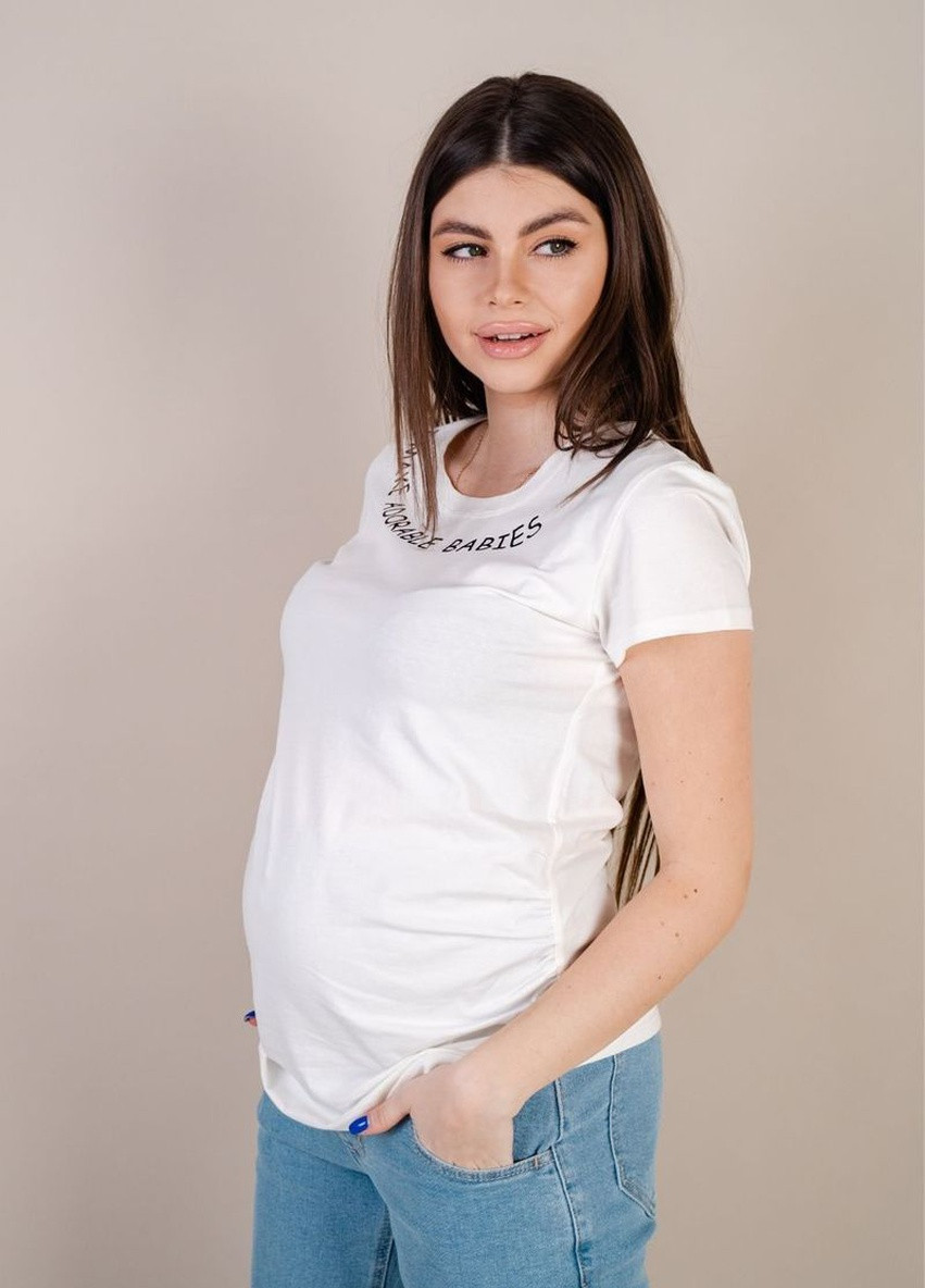 Біла всесезон футболка для вагітних, майбутніх мам бежева з принтом To Be