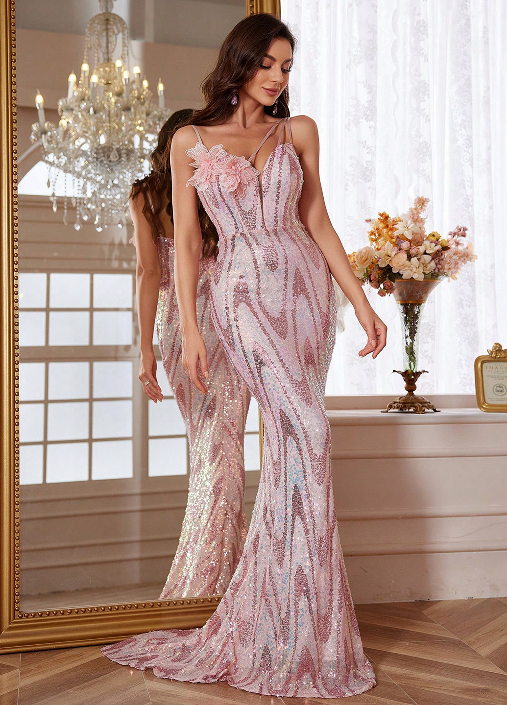 Розовое праздничный, вечернее платье годе, а-силуэт, с открытой спиной SHEIN с абстрактным узором