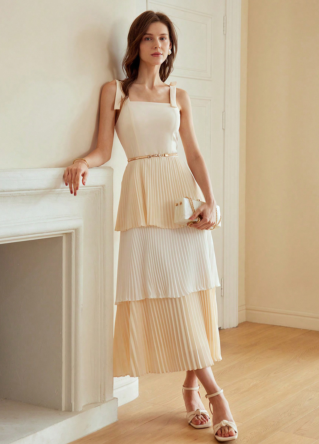 Кремовое праздничный, вечернее, деловое платье с открытой спиной, плиссированное, а-силуэт SHEIN колор блок