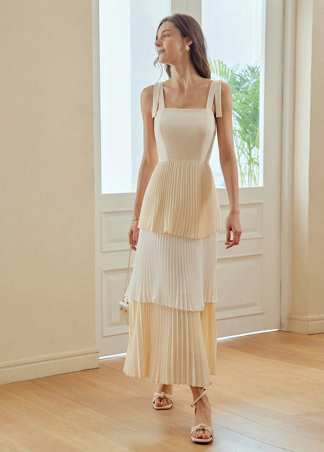 Кремовое праздничный, вечернее, деловое платье с открытой спиной, плиссированное, а-силуэт SHEIN колор блок
